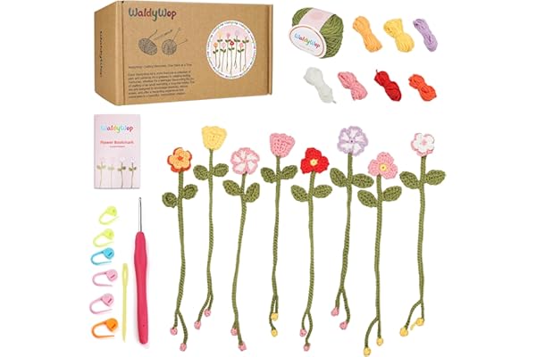 WaldyWop Crochet Kit for Beginners - 8 Flower Bookmarks Knitting Kit w/Step-by-Step Video Tutorials & Soft Yarn, Hook - Wobbles DIY Art Craft Kit for Adults, Birthday Gifts for Women Teen