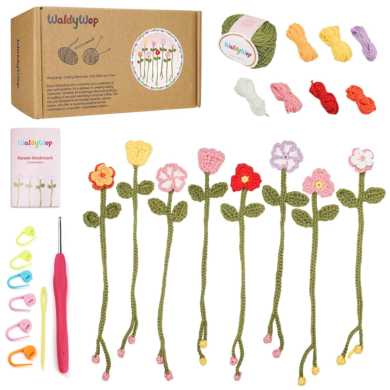 WaldyWop Crochet Kit for Beginners: 8 Flower Bookmarks Knitting Kit w/Video | Step-by-Step Video Tutorials, Soft Yarn & Hook,