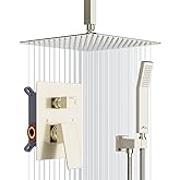 SunCleanse Rainfall Shower System Brushed Nickel Ceiling Mounted Shower System Combo Set with High Pressure 12 Inches Square Rain Shower Head Handheld and Shower Faucet Rough-in Mixer Valve and Trim