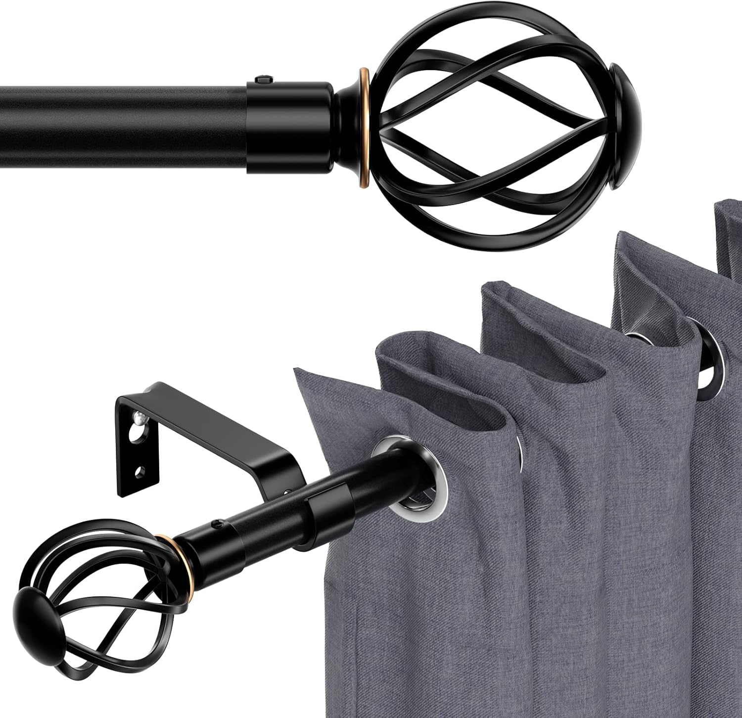 Window Treatment Hardware - Curtain Rods for Windows 66 to 120 with Twisted Cage Finials, Heavy Duty Adjustable Drapery Rod Set Easy Install, 5/8 Diameter Decorative Curtain Rod for Outdoor Patio, Sliding Glass Door, Black