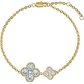 TONTMY STUDIOS Birthstone Bracelets for Women, 14K Gold Plated Dainty Gold 2 Clover Bracelet Flower Charm Link 12 Month Birthstone Jewelry for Women Trendy Birthday Gifts