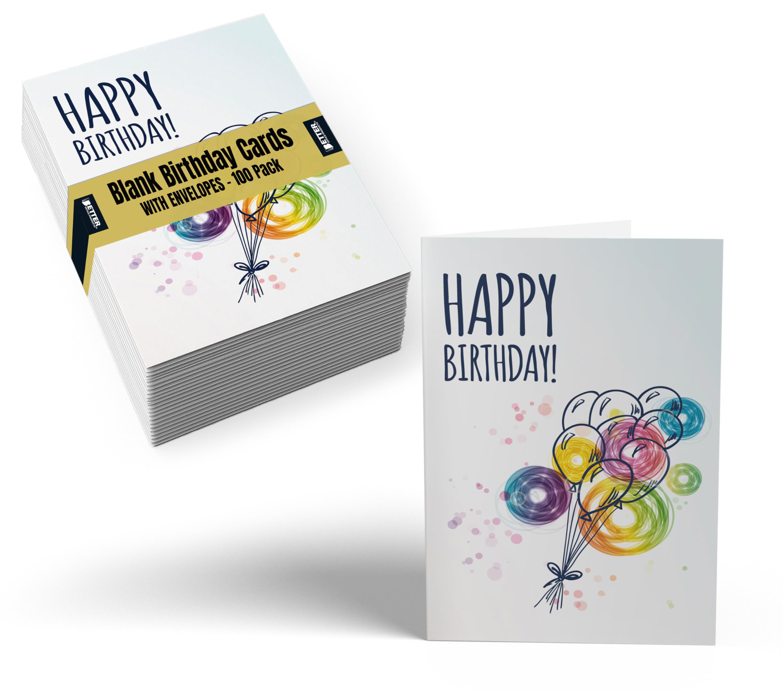 Better Office Products Happy Birthday Cards, 100-Pack, 4 x 6 inch, Fun Balloon Cover Design, Blank Inside, by, with Envelopes, 100 Pack