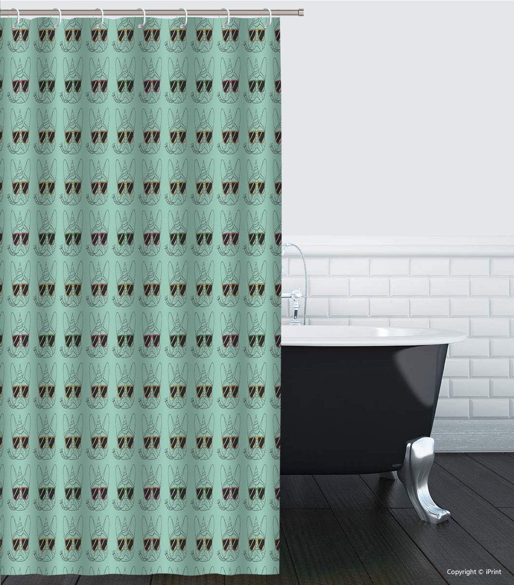 №16104 36X72 Shower Curtain Set Bathroom Fabric Fall Curtains/ Dog Lover, Birthday Themed Pattern With Outline Drawn French Bulldog Sunglasses, Almond Green Multicolor/ Waterproof Colorful Funny,36X72
