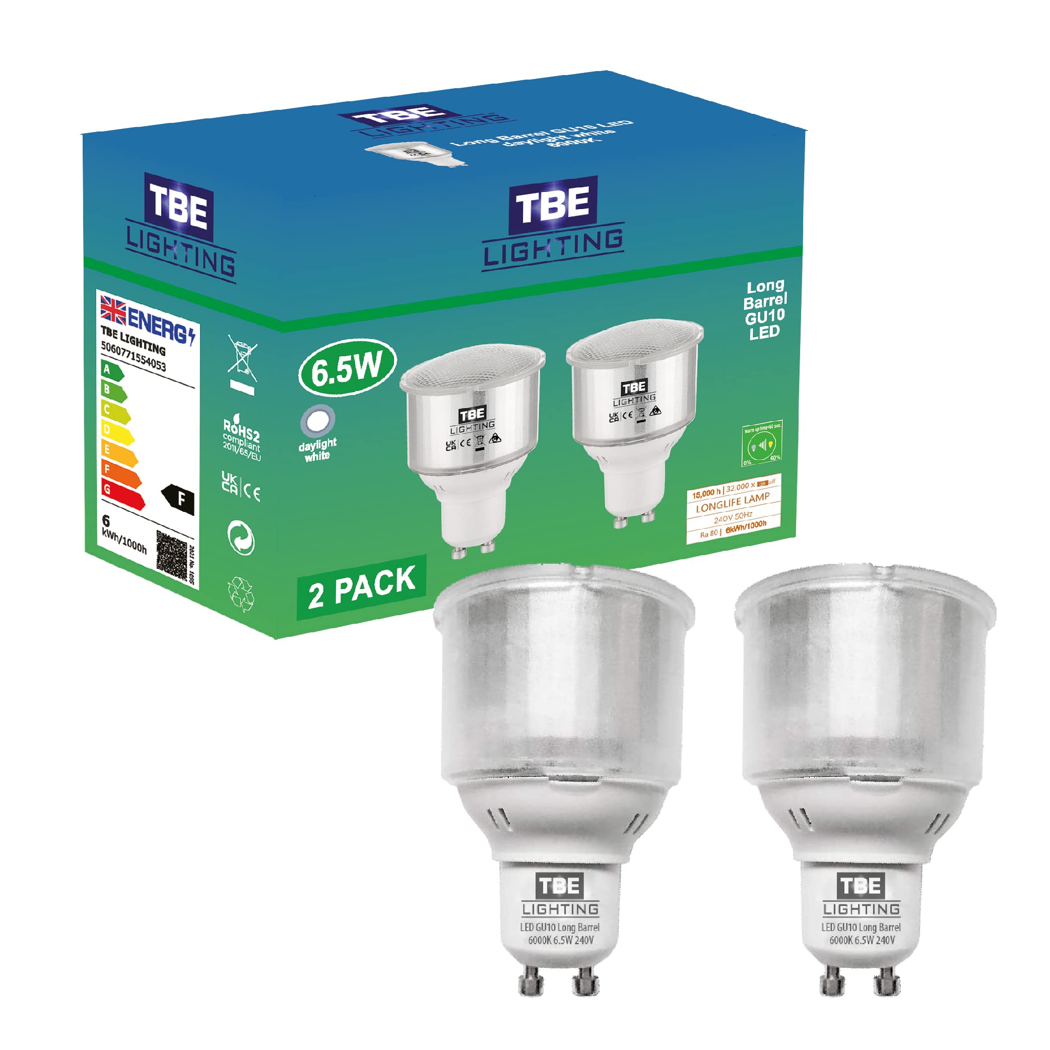 TBE LIGHTING 6.5w GU10 Spot Light Bulbs - 2 Pack - LED Long Barrel Reflector Bulbs with GU10 Base Fitting - 6000k Daylight White - 650 Lumens - Replaces 11w CFL Bulb with Identical housing