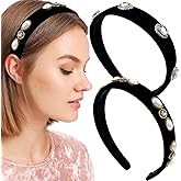 Auswalar 2PCS Vintage Velvet Headbands for Women, Pearl & Rhinestone Embellished Hair Hoops, Elegant Black Velvet Hair Accessories for Parties & Daily Wear