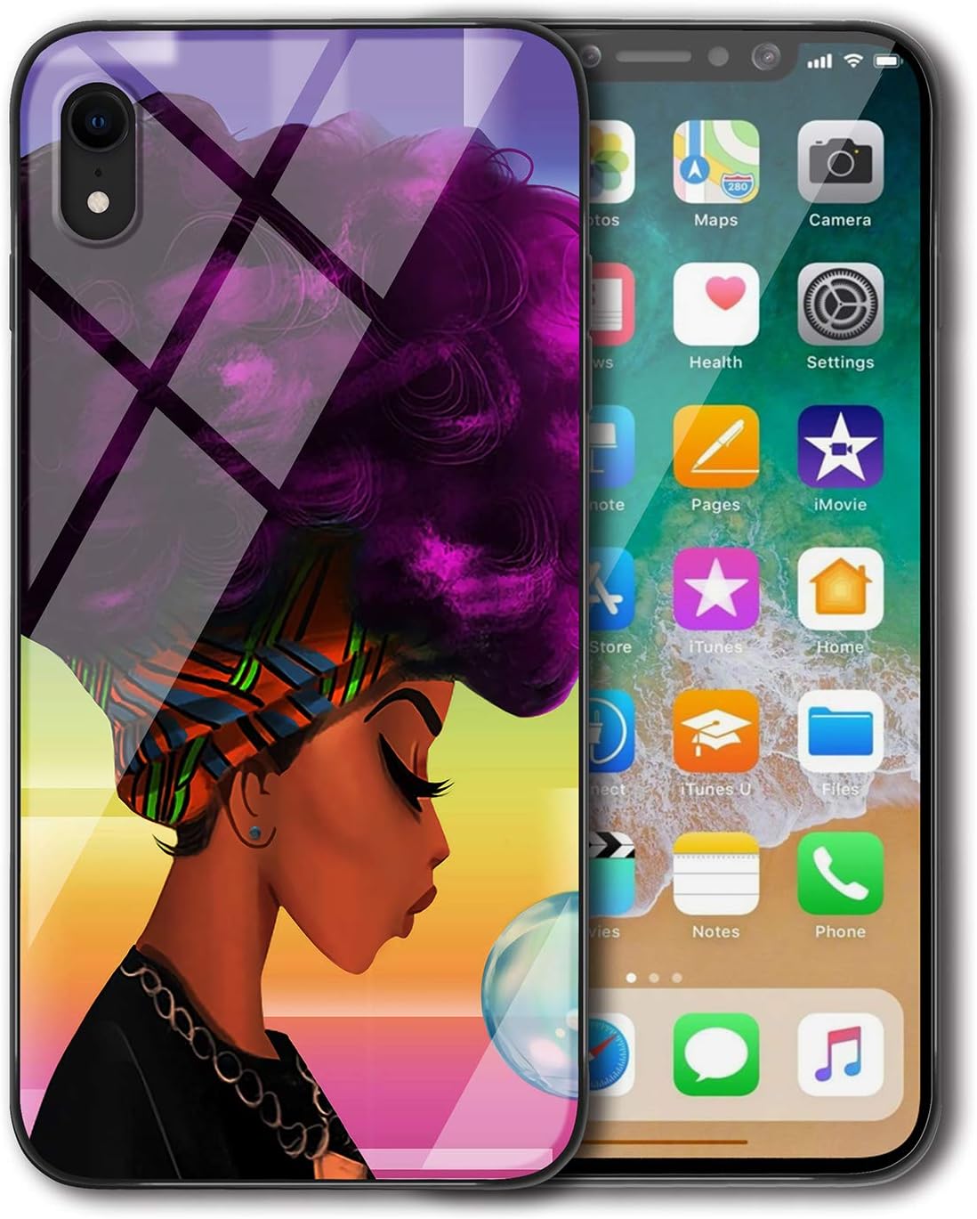 KITATA iPhone XR Case for Girls Slim Fit, African American Women Afro Purple and Black Art Print Design, Shockproof Impact Resistant Drop Protection Protective TPU Silicone