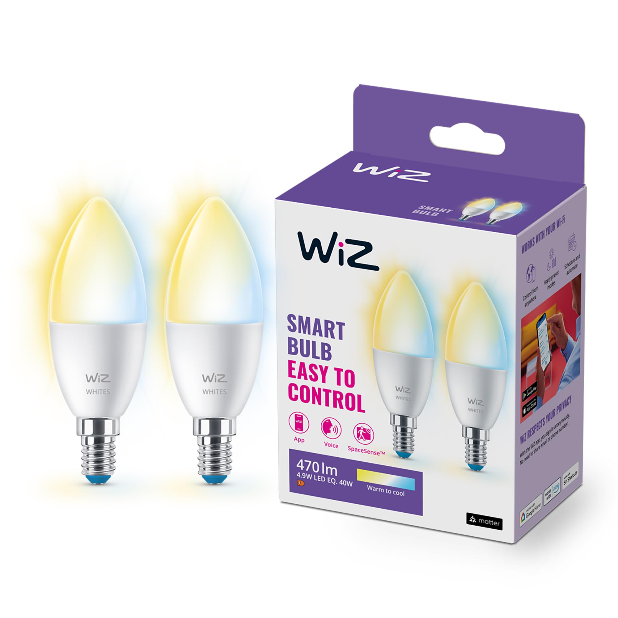 WiZ Smart Bulb,E14,40W Warm to Cool White Light, Smart Dimming LED, Connected WiFi Works with Alexa, Google Assistant & HomeKit, App Control for Livingroom, Bedroom, Energy Monitoring, 2 Pack