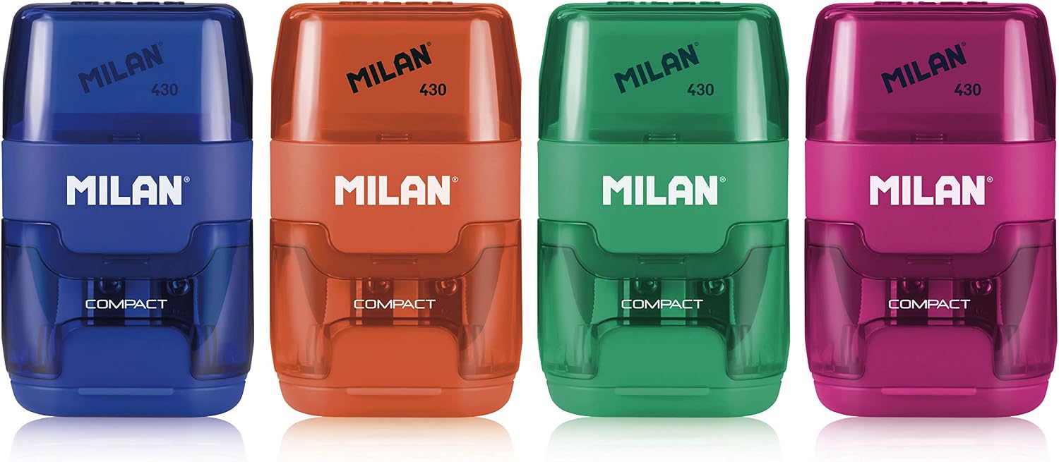 MILAN 151008 2 in 1 Sharpener and Eraser - Assorted Colours (Pack of 16), white, small