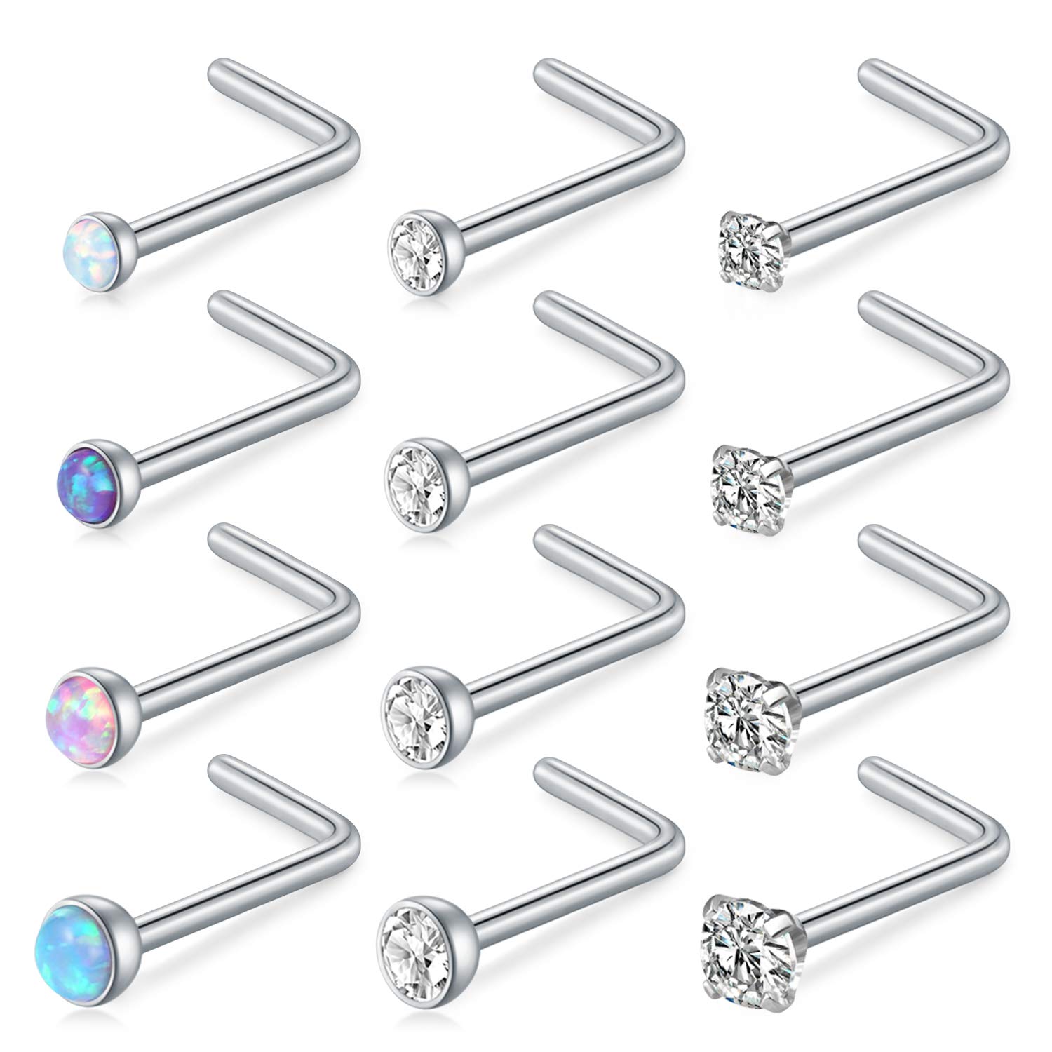 Rajnard 18G Nose Rings Nose Studs 316L Surgical Steel 1.5mm 2mm 2.5mm 3mm Jeweled Opal & Clear CZ L-Shaped Body Piercing Jewelry 12PCS