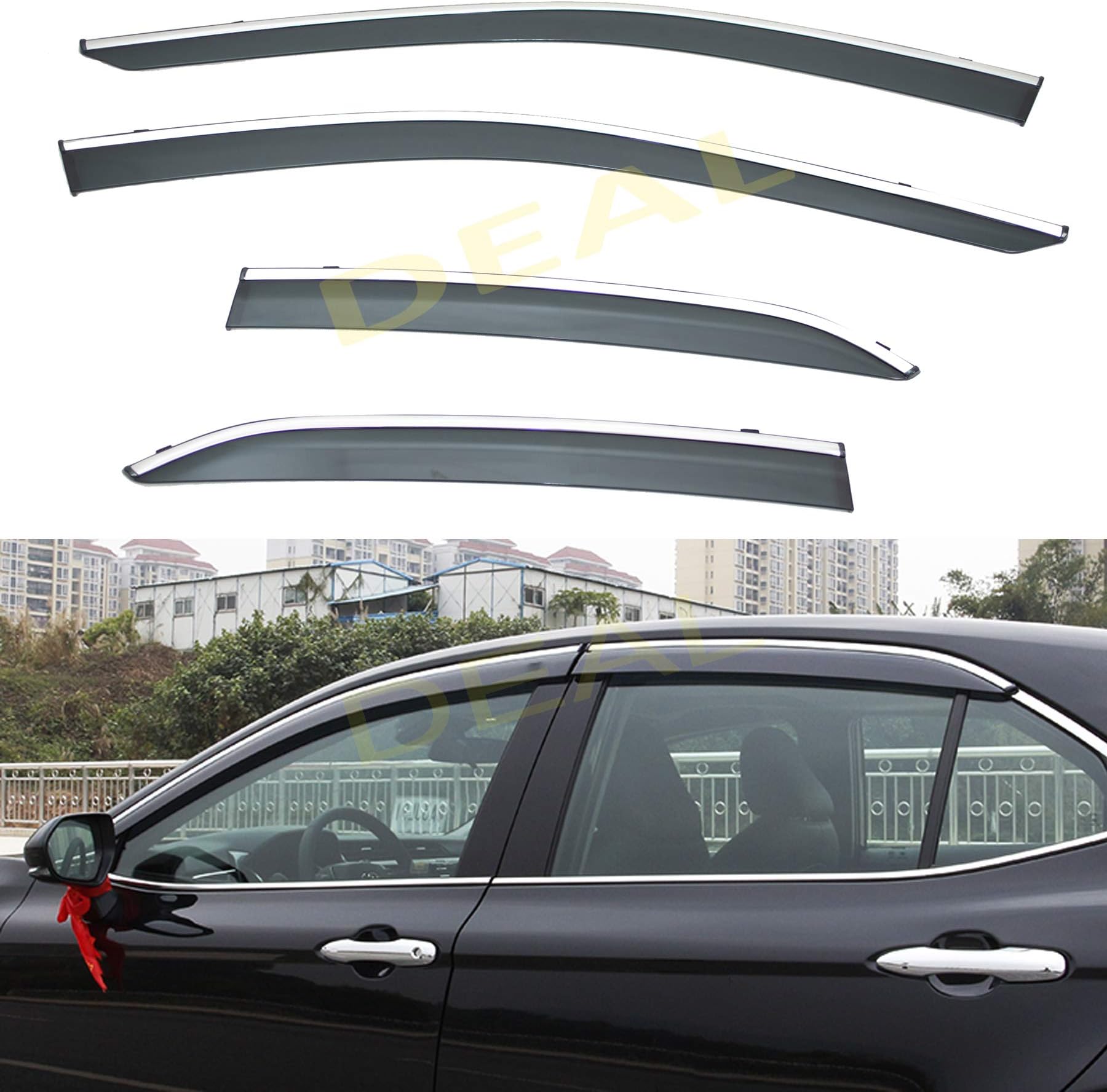 DEAL AUTO ELECTRIC PARTS Window Visors Rain Guards, Compatible with 2018-2022 Toyota Camry, Smoke Tinted Vent Window Wind Deflectors Visors with Chrome Trim, Outside Mount Tape On, 4-Piece Set