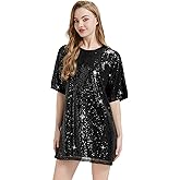 Cuecutie Sequin T-Shirt Dress Plus Size Sparkly Short Sleeve Party Club Dress Women Sexy Casual Shinny Backless Shirt Dresses