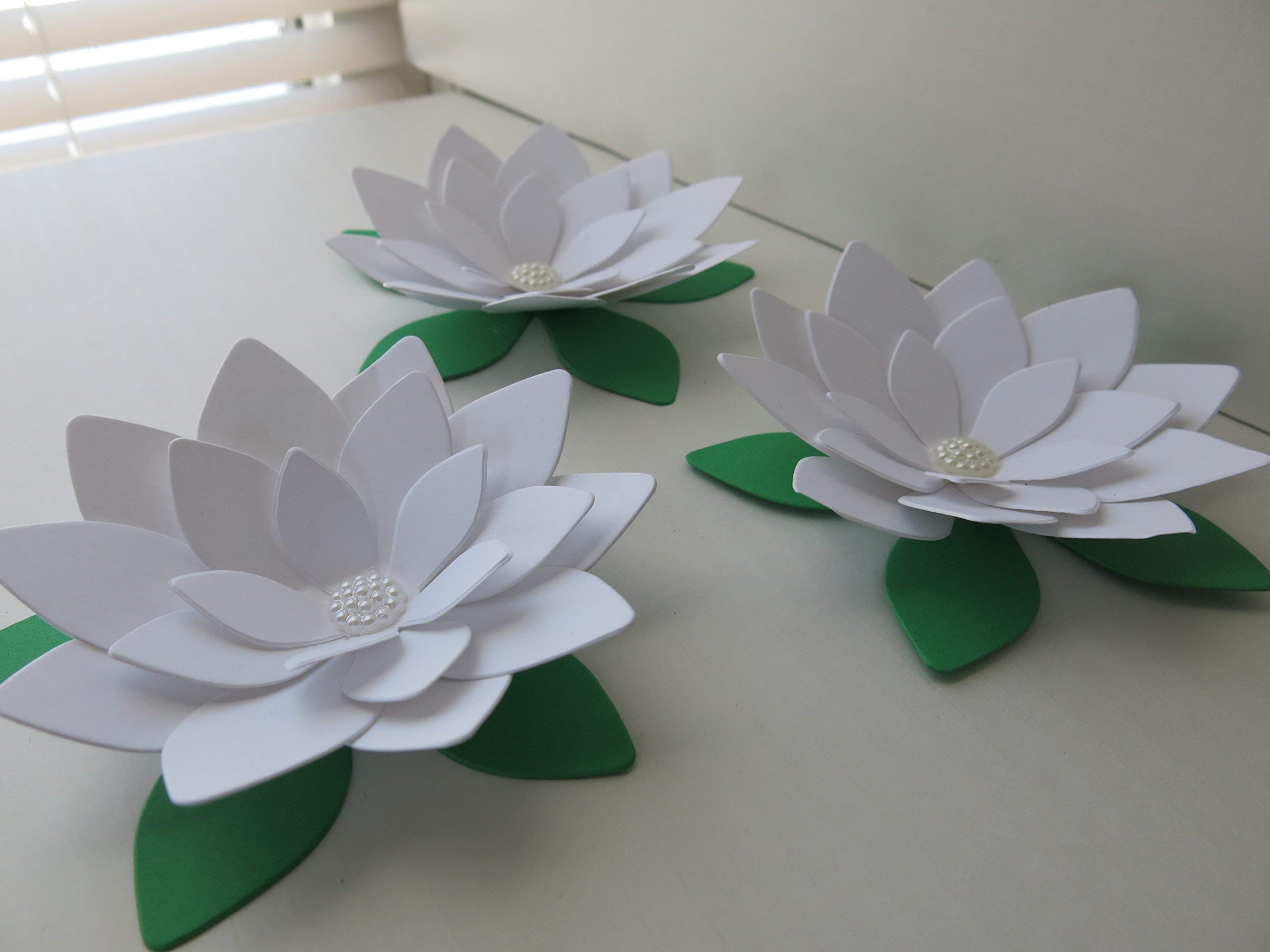 White Lotus Paper Flowers 4 Inch Water Lily Set Of 3 Blooms 3D Wedding