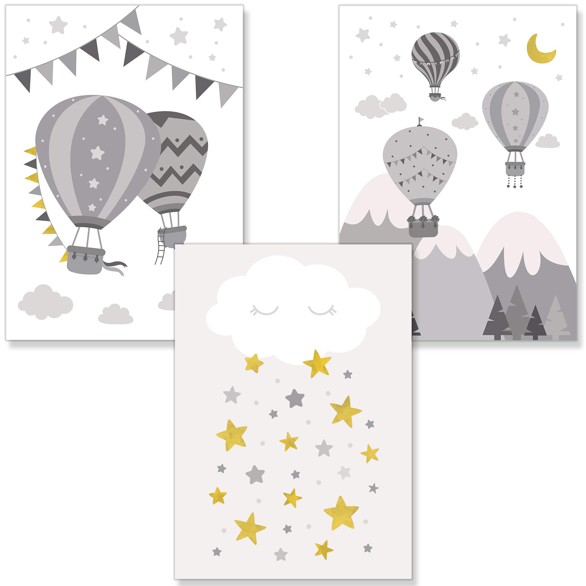 PREMYO Wall Art Prints Nursery Decor - Baby Room Decoration Girl Boy - Kids Poster Set Hot Air Balloon Cloud Picture A4