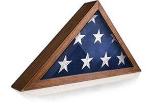 HBCY Creations Flag Display Case for 5' x 9.5' American Veteran Burial Solid Wood Rustic Brown Frame with Glass Front Wall Mount or Standing Display, Box