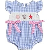 SHUING Newborn Baby Girl Outfit Starfish Shell Plaid Flying Sleeve Smocked Bubble Romper Infant Bodysuit Summer Ocean Clothes