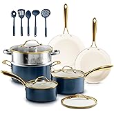 Gotham Steel 15 Piece Pots and Pans Set Nonstick Ceramic Cookware with Steamer & Utensils, Non Toxic PFAS PFOA PFOS PTFE Free, Oven Safe 500°F, Dishwasher Safe, Stay Cool Handles, Navy Gold