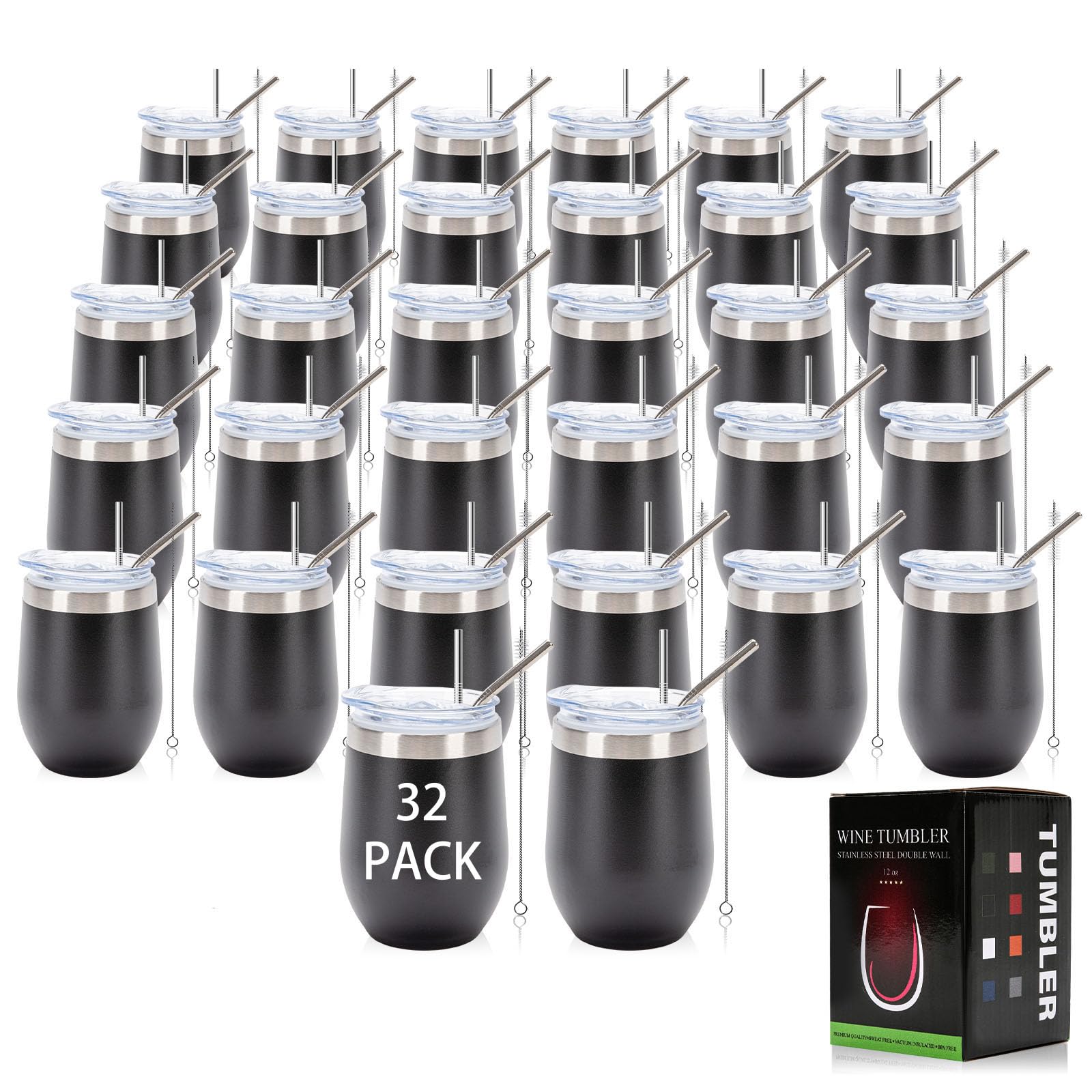 Photo 1 of IEOVIEE 32 Pack 12oz Stainless Steel Bulk Wine Tumblers with Lids and Straws, Vacuum Insulated Double Wall Travel Coffee&Beer Mugs, Powder Coated Tumbler Bulk Cup for Cold and Hot Drinks(Black)