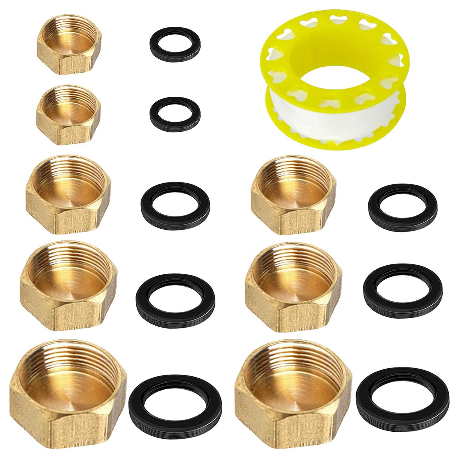 XSHAO XS-0020 Pack of 8 Brass Caps, Drain Prevention Blanking Plugs 3/4 Inch Threaded Cap, Brass with Hose Washers, Raw Material Tape for Heating and Drinking Water Systems, Suitable (4 Sizes)