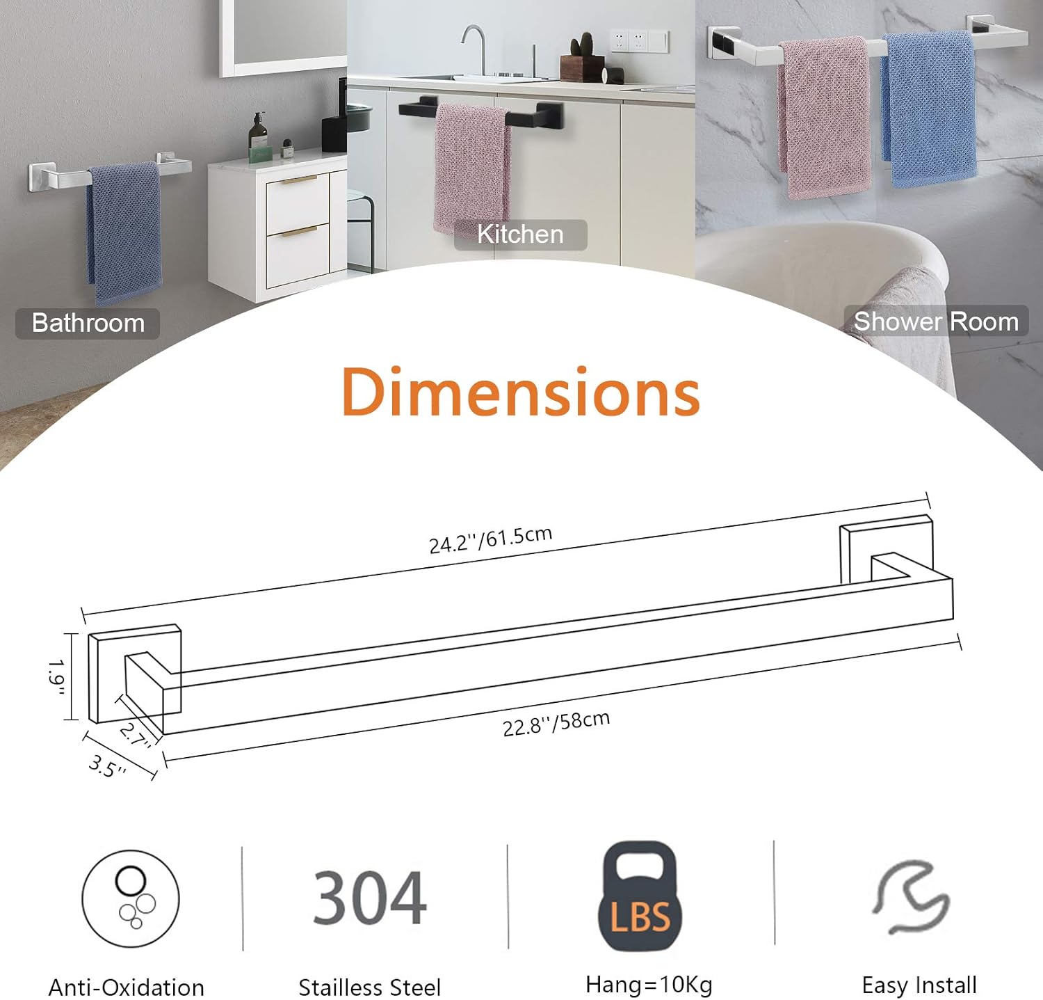 NearMoon Bathroom Towel Bar, Bath Accessories Premium Thicken Stainless Steel Square Shower Towel Rack for Bathroom, Towel Holder Wall Mounted (Brushed Nickel, 24 Inch): Kitchen & Dining