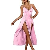 Rigeri Womens Lingerie Silk Nightgowns for Women Long Babydoll Chemise Lace Sleepwear with High Split S-XXL