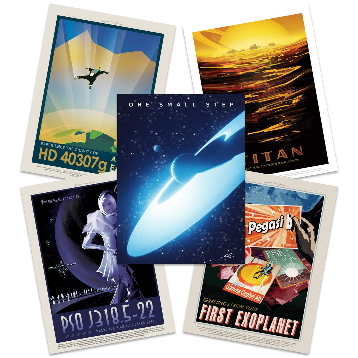 Artery8 NASA Space Grand Tour Travel Exploration Exoplanet Art Print Poster Home Decor Premium Pack of 5 - includes Custom 50th Anniversary Apollo 11 Moon Landing Print — image 1