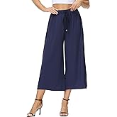HOW'ON Women's Elastic Waist Wide Leg Casual Palazzo Capri Culottes Pants Soft Knit Cropped Pants
