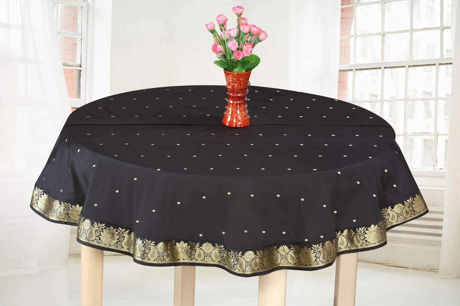 Black Gold Handmade Sari Oblong Tablecloth (India) 70