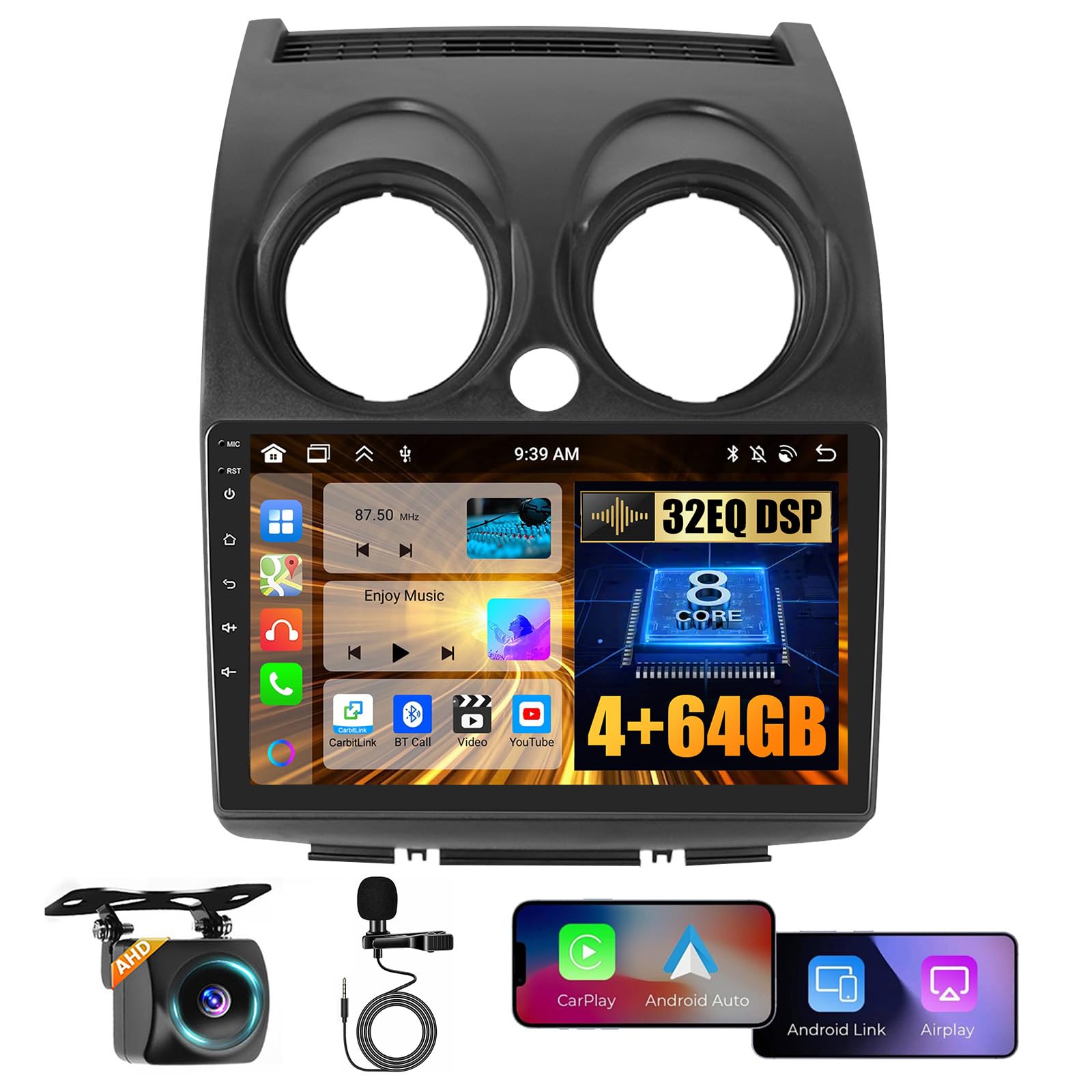 Photo 1 of Hikity 8 core 4+64G Android 15 Car Radio for Nissan Rogue Sport Qashqai 2008-2013 Stereo, 9 inch Screen with Wireless CarPlay Android Auto GPS Navigation WiFi Bluetooth Mirror Link DSP FM RDS