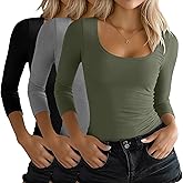 Ficerd 3 Pack Women's 3/4 Sleeve Shirts, Scoop Neck Slim Fit Tops Soft U Neck Knit Fitted Basic Tees Blouses