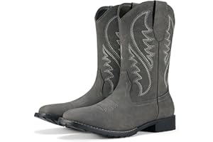 Rollda Cowboy Boots for Men Western Boots Men's Square Toe Chunky Heel Mid-Calf Boots Classic Embroidered Pull On Boots