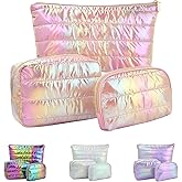 Hiroyuki Iridescent Quilted Makeup Bag, 3pcs Cute Makeup Bag Set, Large Capacity Cosmetic Organizer Travel Toiletry Pouch (plain, pink)
