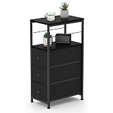 YBING Narrow Dresser, Side Table with 3 Fabric Drawers, Slim Dresser with Open Shelves, Slim Bedside Table for Bedroom, Small Spaces, Black