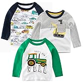 SUPFANS Toddler Boys 3-Pack Long Sleeve Excavator T-Shirt 100% Cotton Basic Tops Car Shirt