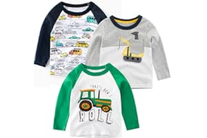 SUPFANS Toddler Boys 3-Pack Long Sleeve Excavator T-Shirt 100% Cotton Basic Tops Car Shirt