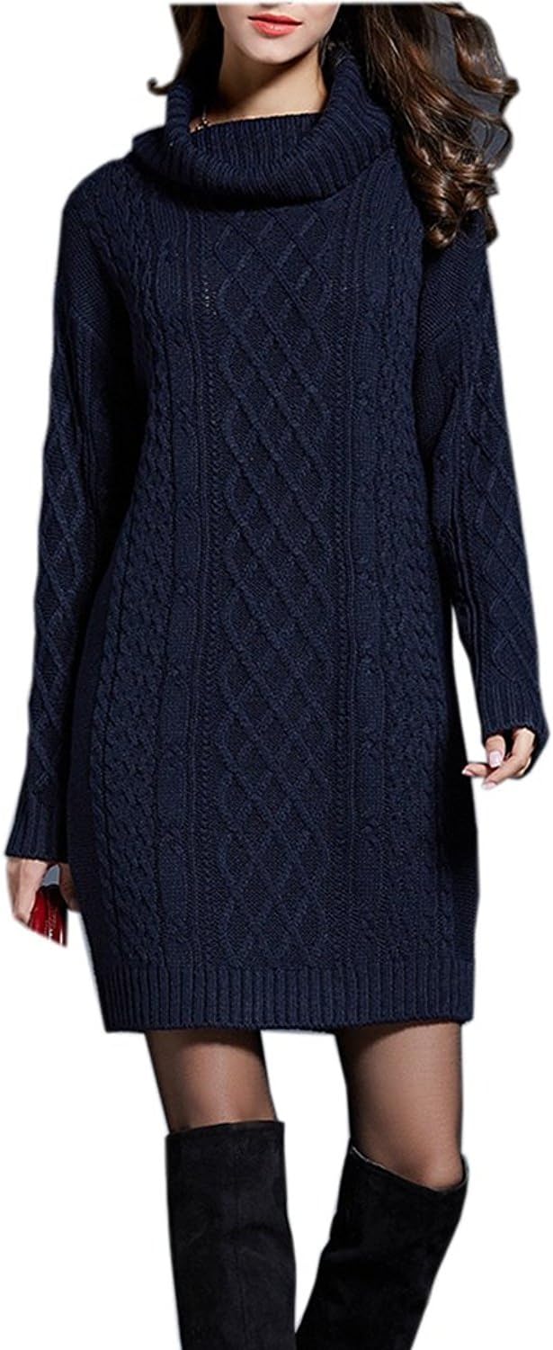 NUTEXROL Women's Long Sleeve Turtleneck Knit Thick Cable Pullover Sweater Dress (Small, Navy)