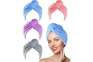 4 Pack Microfiber Hair Towel, Hair Wrap Towels for Women, Super Absorbent Hair Turban Towel with Button, Anti Frizz Hair Dryi