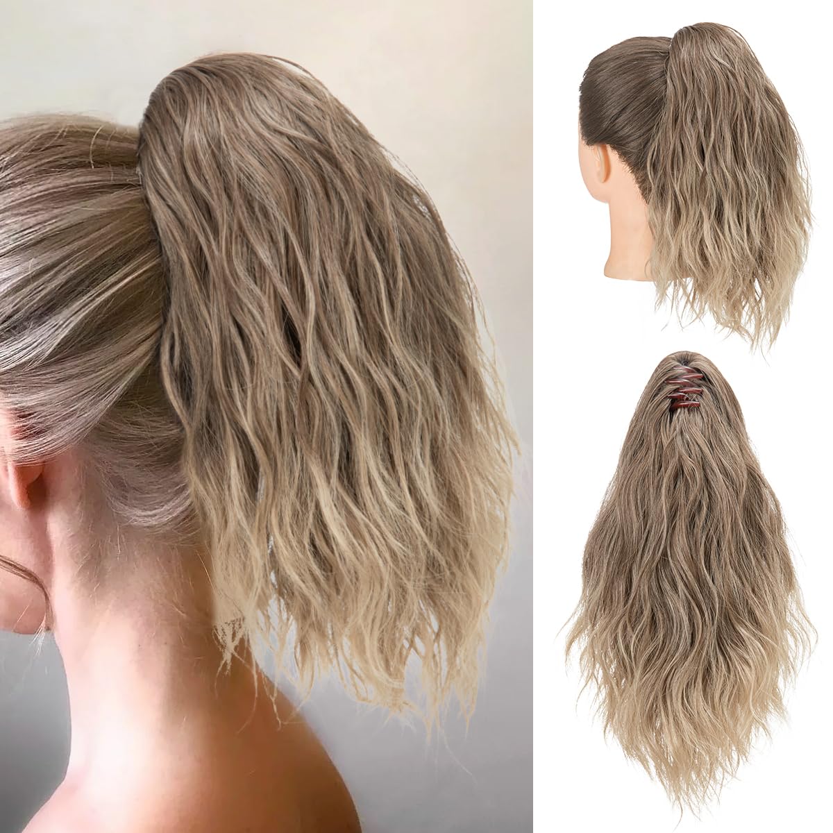 Photo 1 of SARLA Short Ponytail Extension Claw Clip in 13 Inch Fluffy Synthetic Curly Wavy Pony Tail Hairpiece for Women Brown to Ash Blonde