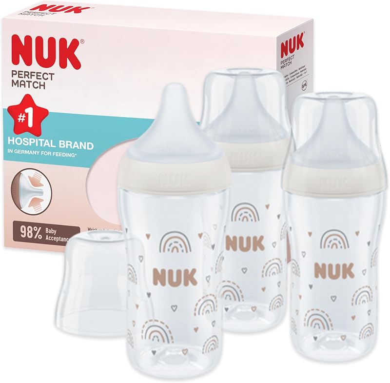 NUK Perfect Match Baby Bottles Set 3+ Months 260 ml Anti Colic Rainbow 3 Count
