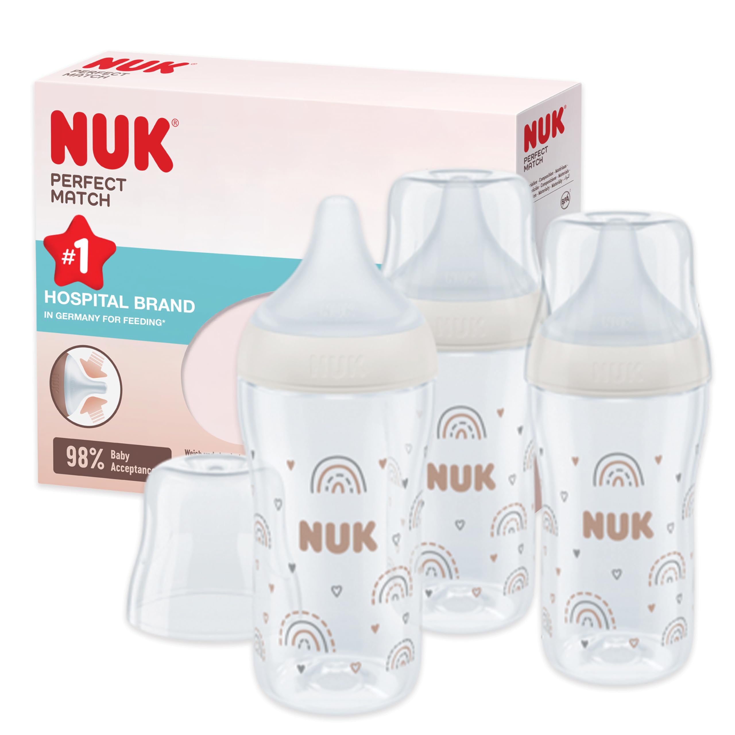 NUK Perfect Match Baby Bottles Set | 3+ Months | Adapts to Baby's Palate | Temperature Control | Anti Colic Vent | 260 ml | BPA-Free | Medium Silicone Teat | Rainbow | 3 Count
