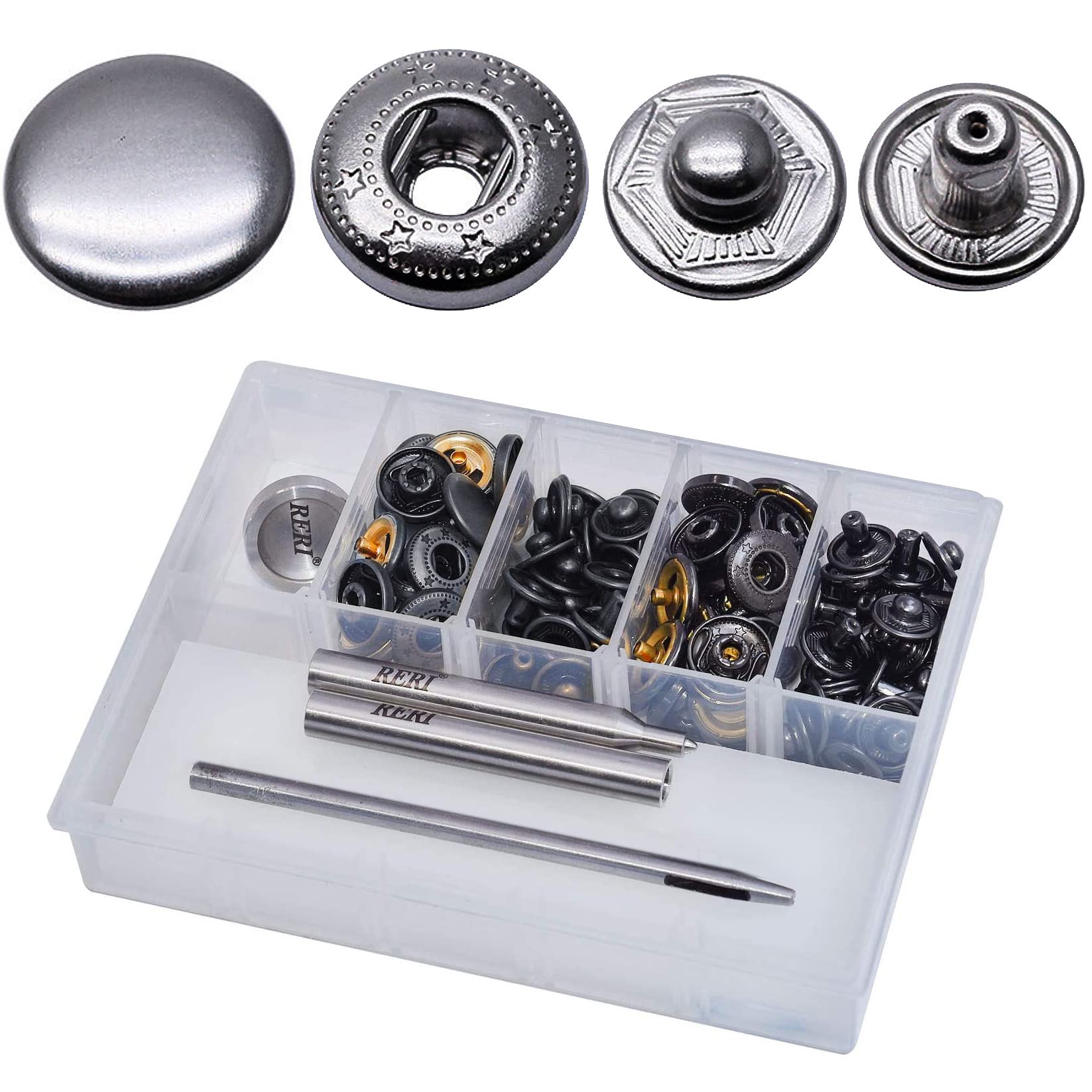 RERI Anorak Press Studs and Tool Copper Press Studs Diameter 15 mm, Pack of 12 Swarchz Clothing Press Stud with Attachment Tool for Leather Craft Jacket Handbag