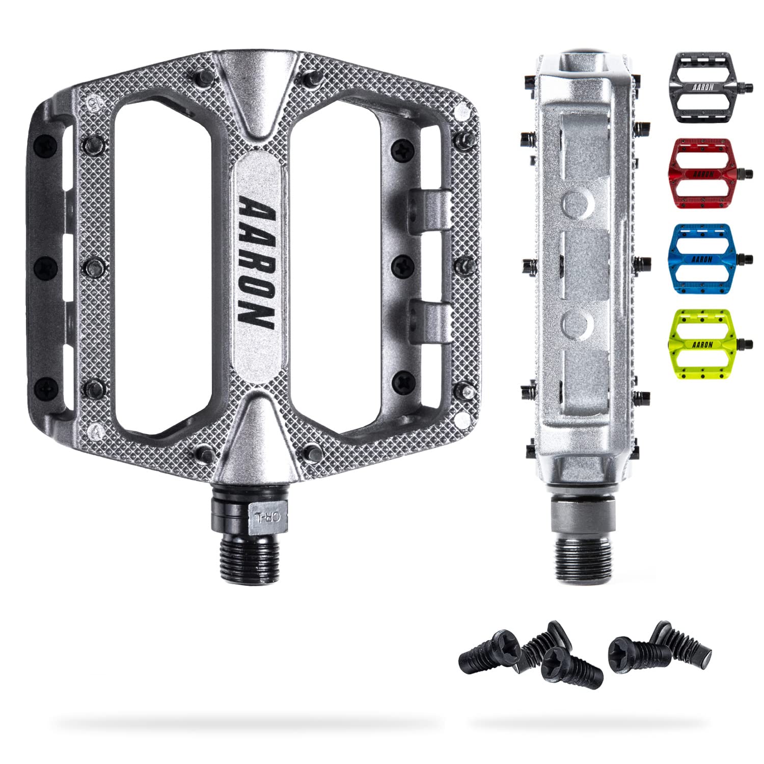 AARON - Rock Aluminium Mountain Bike Pedals with Industrial Ball Bearings - Anti-Slip Replaceable Pins - Platform Pedals for E-bikes, MTB, trekking Bikes - Grey