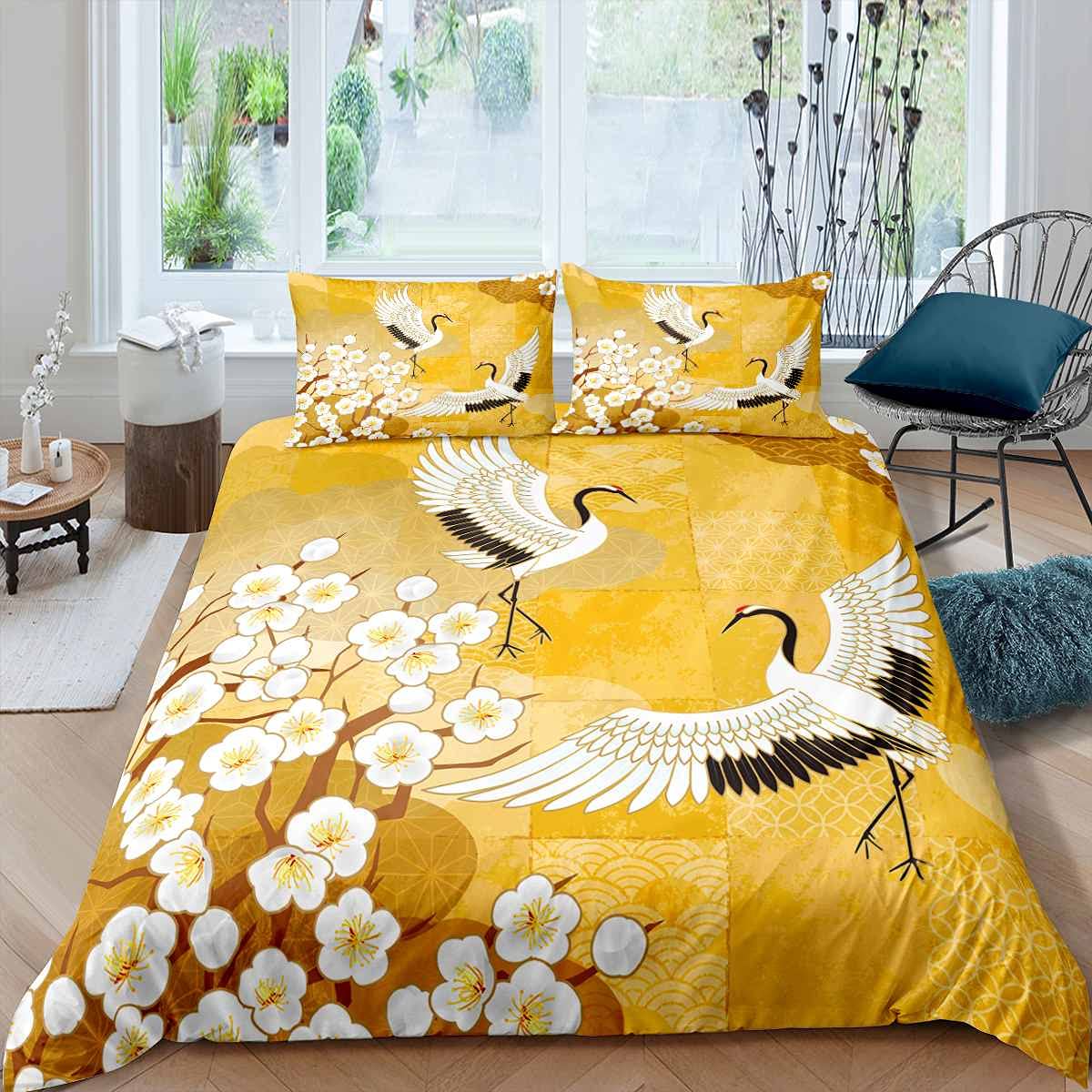 Loussiesd Japanese Ukiyoe Them Bedding Set for Girls Boys Children Floral Print Bedding & Linen Hokusai Pattern Duvet Cover Japanese-Style Bedspread Cover Yellow Super King 3Pcs Bedclothes