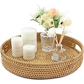Handwoven Rattan Round Serving Tray, Natural Wicker Decorative Tray for Serving, Coffee Table, Home Boho Décor and Entertaining, Gift Idea Choice