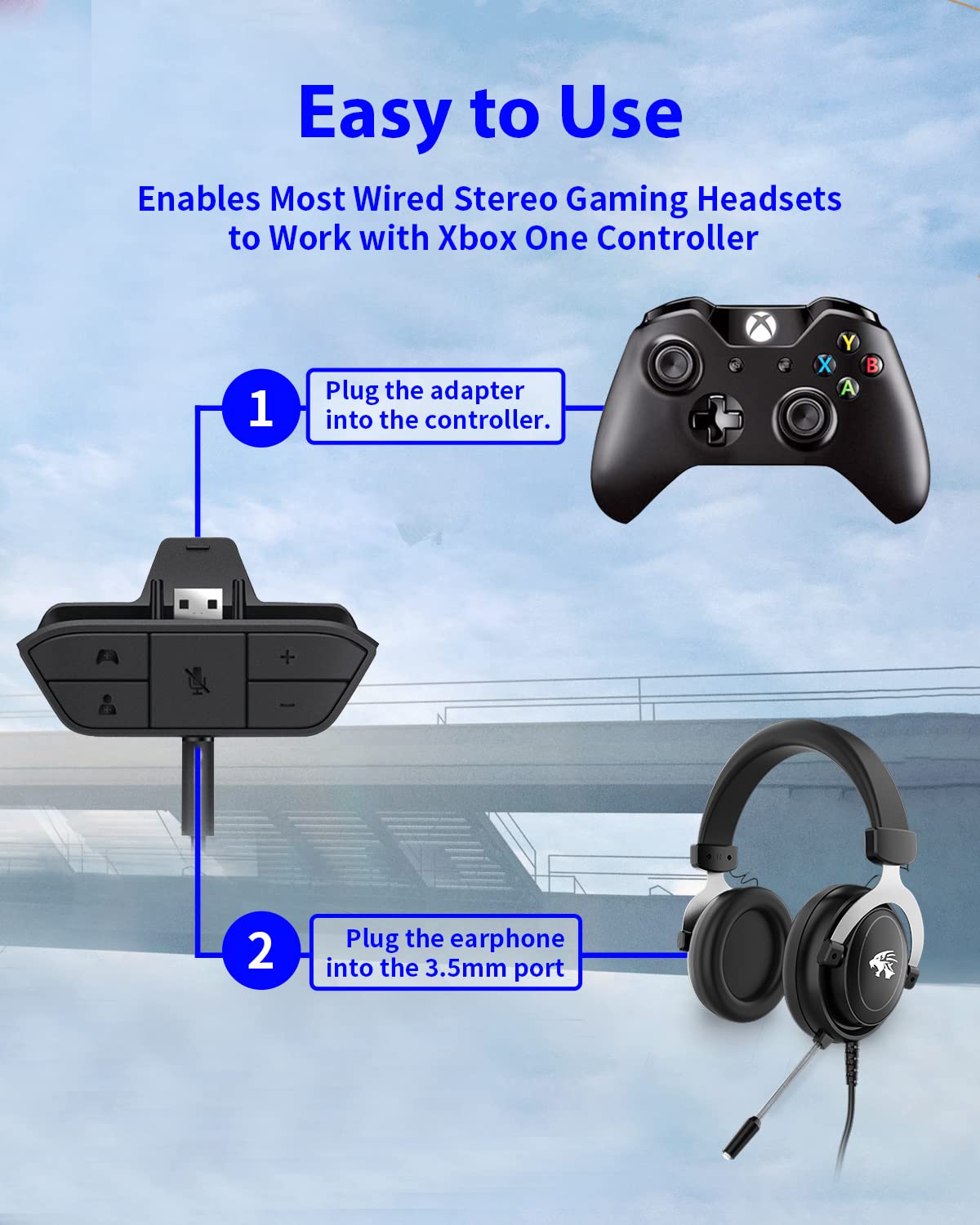 Headset Adapter for Xbox One/Series X/S/Elite Controllers, Stereo Gaming Headphone Adapter with 3.5mm Jack Support, Volume & Chat Mixer Control, Mic Mute Function