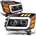 DNA MOTORING HL-HPL-NARN04-BK-AM Headlights 3D LED Light Bar Running Light Amber Turn Signal Compatible with 04-15 Nissan Titan 05-07 Armada
