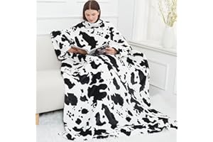 SOFTAN Wearable Fleece Blanket with Sleeves & Foot Pocket for Adult Women Men,Lightweight Soft Plush TV Blanket Wrap Throw with Sleeves and Adjustable Hook & Loop 79" x 67"-Black White Cow(Kangaroo Pocket)