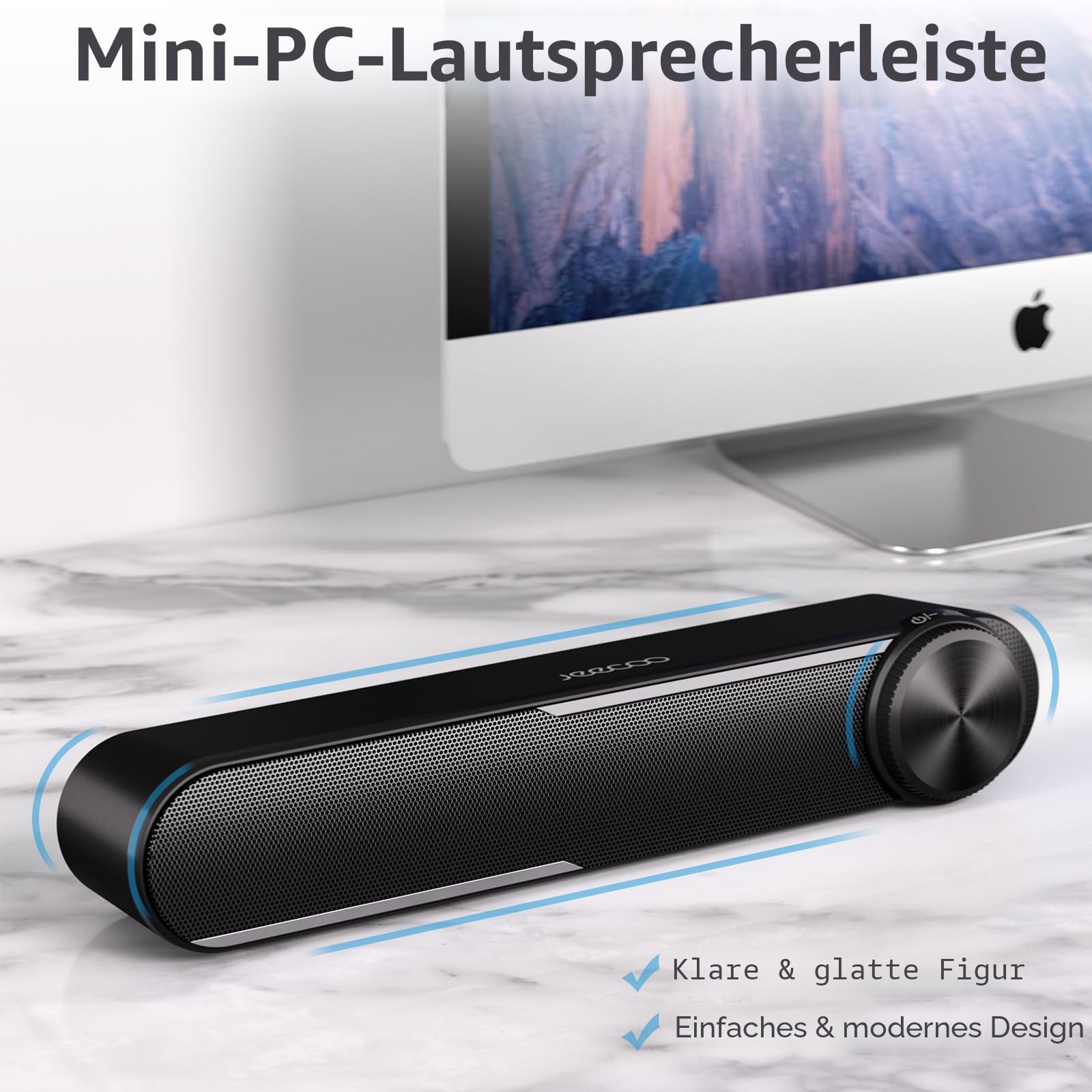 Jeecoo A30 PC Lautsprecher,Computer Lautsprecher für Pc,USB Powere PC Soundbar Schwarz, Lautsprecher Boxen für Pc, Laptop,Monitor,Ipad,Tablets,Smartphone (USB+3.5mm 2