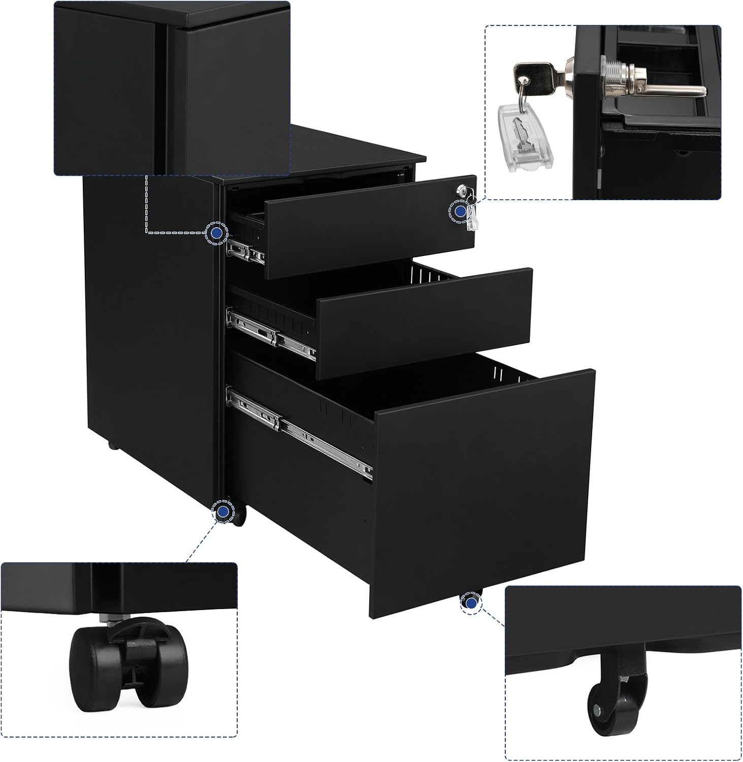 SONGMICS Steel File Cabinet 3 Drawer with Lock Mobile Pedestal Under Desk Fully Assembled Except Casters Black UOFC60BK: Home & Kitchen