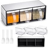 ZENFUN 3 Grids Seasoning Organizer Box, Stainless Steel Salt Container with Lid and Spoon, Seasoning Containers with Stainless Steel Rack for Home, Kitchen, Cafe, Storing Salt, Sugar, Pepper, Spice
