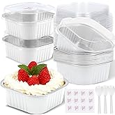 ylnurac 20 Pack 10oz Mini Cake Pans With Lids, Aluminum Foil Square Brownie Baking Cups,Disposable 4”x4” Large Cupcake Pan,Jumbo Muffin Tin Ramekins Holders-White